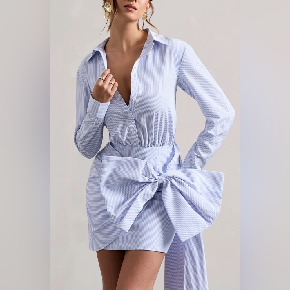 BLUE PINSTRIPE SHIRT MINI DRESS WITH OVERSIZED BOW